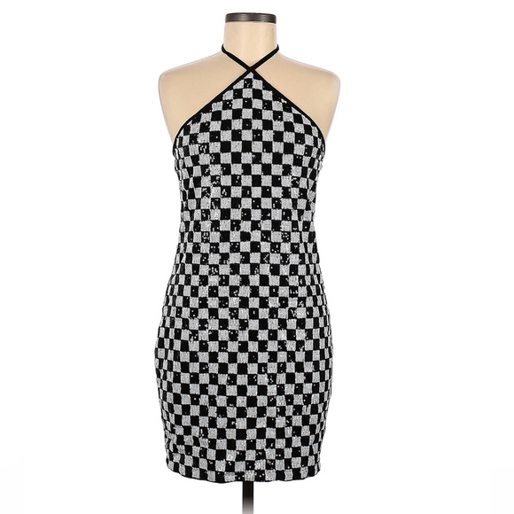 SHEIN Dresses & Skirts - Shein 100% Polyester Black and White Checkered Halter Cocktail Dress Size Medium